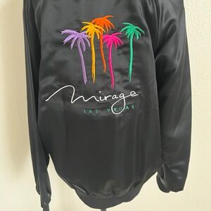 Vintage Mirage Las Vegas Satin Bomber Jacket Black Neon Palm Trees Zip Up SZ L